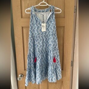 NWT! THML Blue and White Lined Sundress with Tiers and Tassels! Size Large